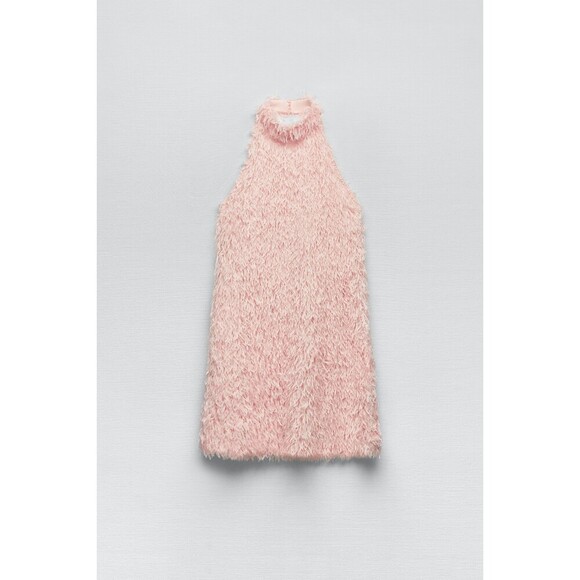 Pink Zara Feather Sleeveless Halter Neck Mini Dress (NWT) - Picture 5 of 7